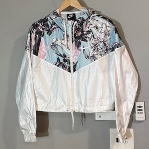Nike Womens Windrunner‎ Jacket Floral Print Cropped White Light Blue Pink Size S